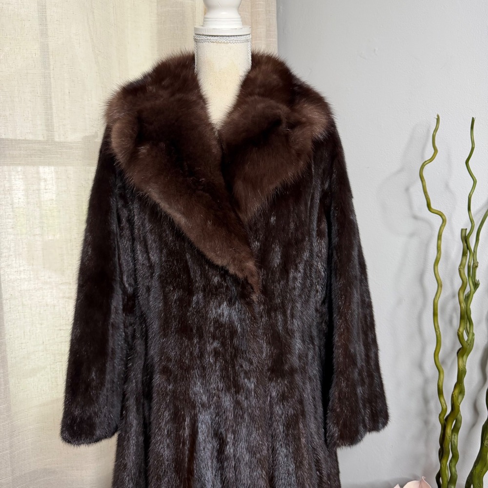 Vintage Mink Fur Coat Full Length Brown Floral Embroidered Lining Women's Medium - Picture 5 of 16